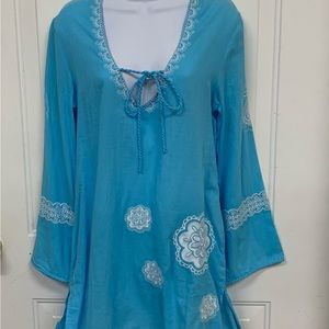 NWT blue Bag Lady/Mud Pie bathing suit coverup with white stitched detailing S